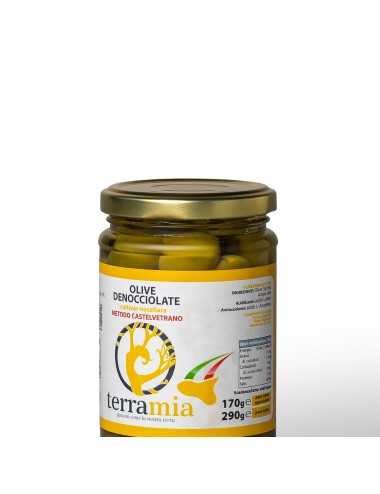 Olive varietà nocellara prodotte nella zona della valle del belice metodo Castelvetrano in salamoia ml 314
