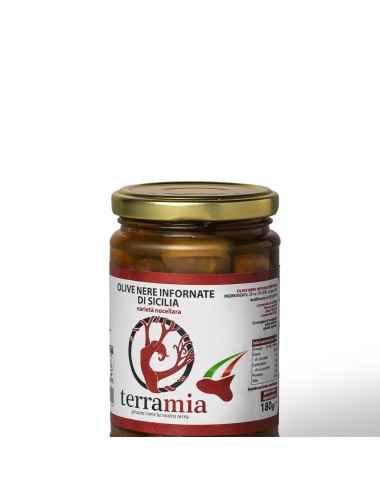 Olive nere naturali al forno Nocellara della valle del belìce ml 314 in salamoia
