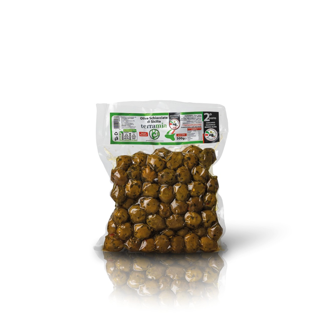 Olive schiacciate varietà Nocellara con aromi secchi e olio evo  lavorazione al naturale in busta