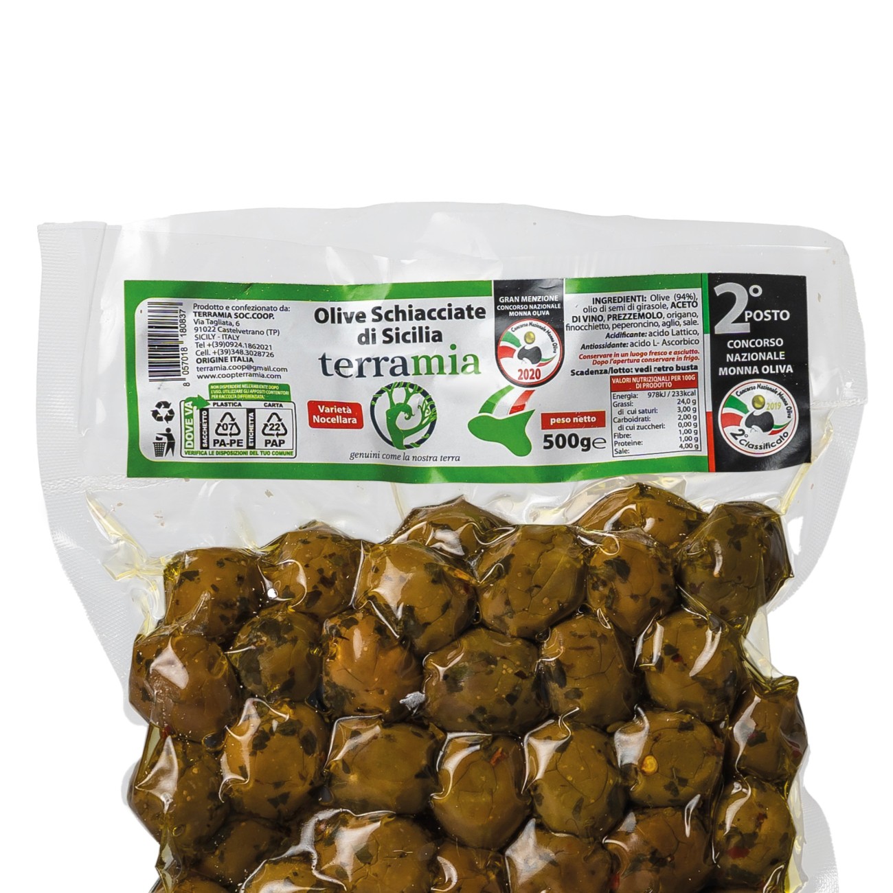 Olive schiacciate varietà Nocellara con aromi secchi e olio evo  lavorazione al naturale in busta