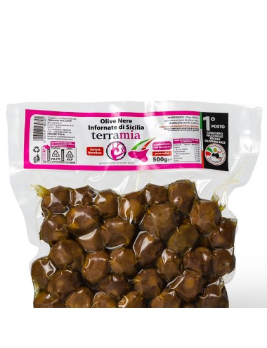🥇 Olive Nere al Forno Medaglia d'Oro Terramia | Nocellara del Belìce Condite con solo Olio, buste da  (250g - 500g - 1kg)
