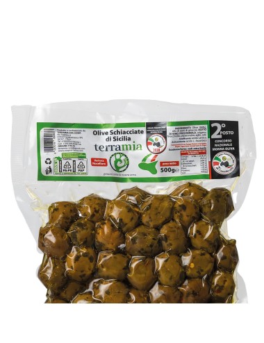 Olive schiacciate con aromi secchi olio evo e aceto di mele