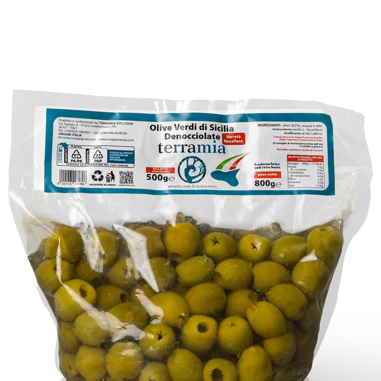 Olive verdi dolci denocciolate metodo Castelvetrano in salamoia varietà Nocellara del Belice