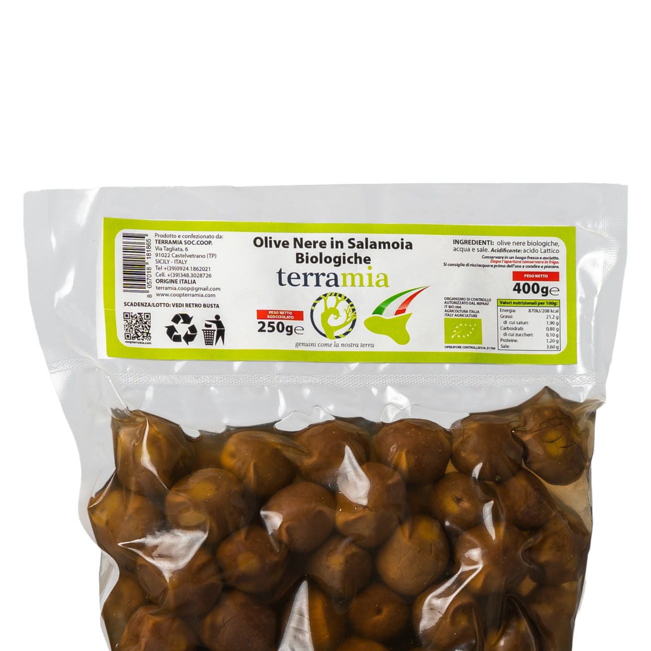 Olive nere al forno Biologiche  Nocellara in salamoia lavorazione acqua e sale in busta