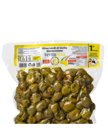 Olive dolci denocciolate aromatizzate varietà Nocellara