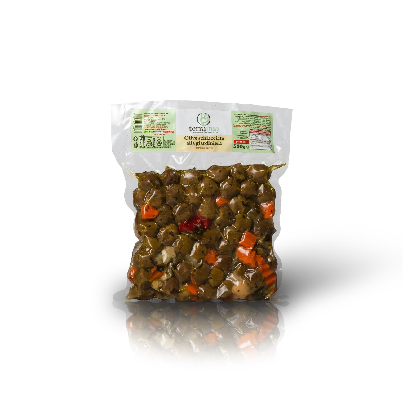Olive schiacciate con giardiniera busta da 500 g peso netto
