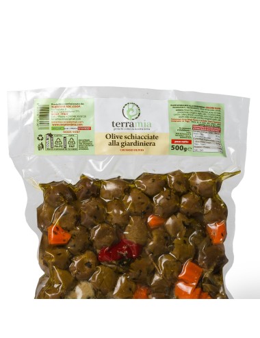 Olive schiacciate con giardiniera busta da 500 g peso netto