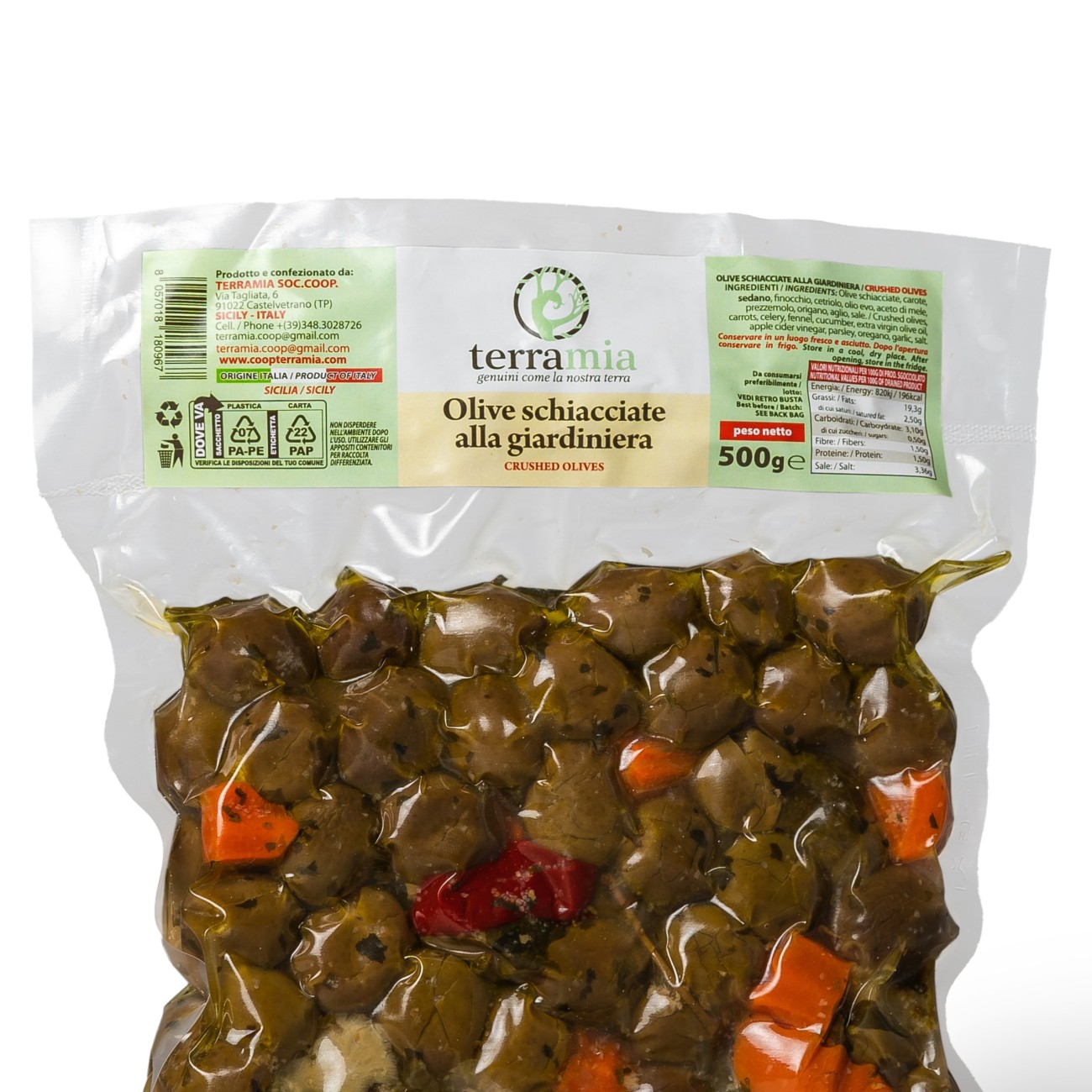 Olive schiacciate con giardiniera busta da 500 g peso netto
