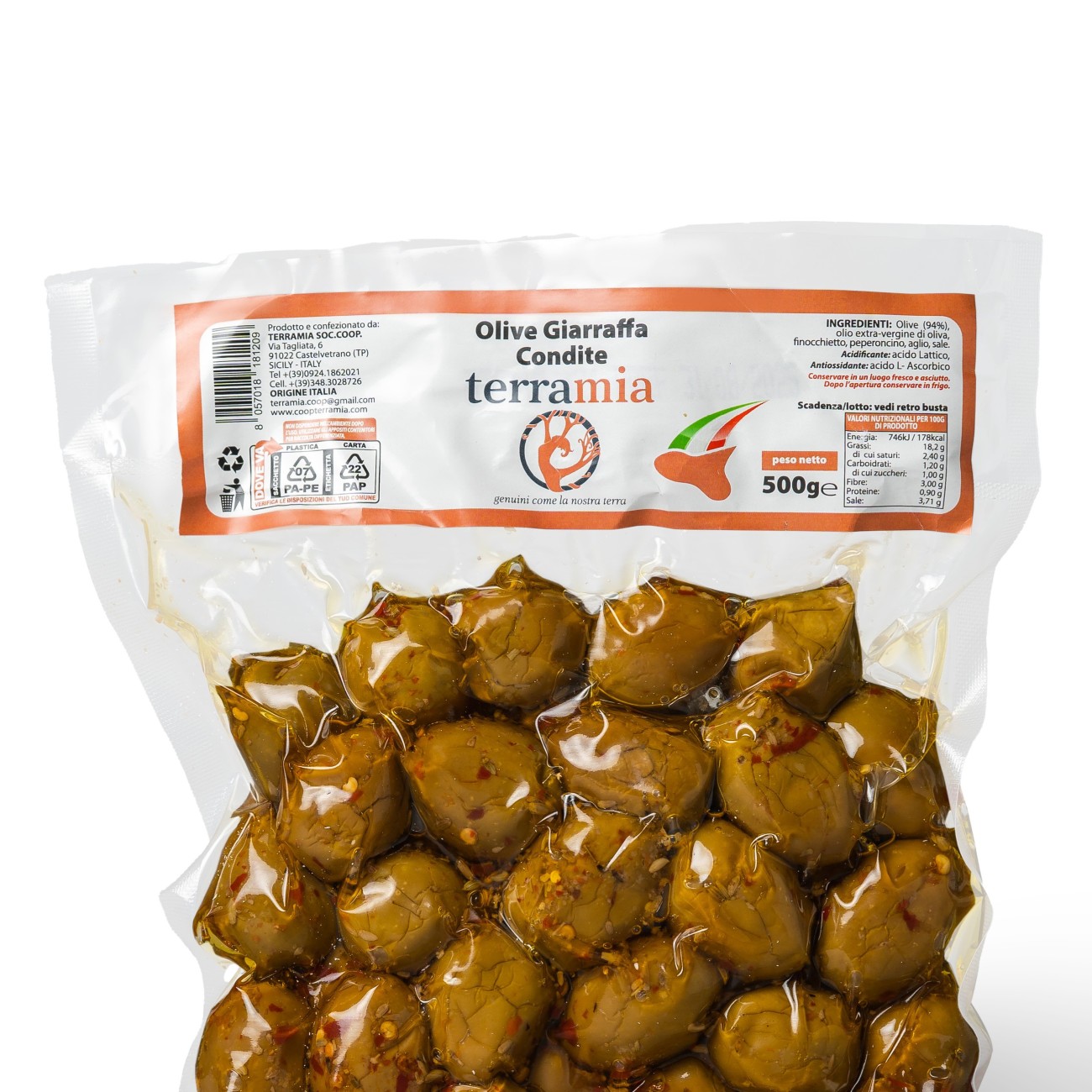 Olive condite cultivar Giarraffa 500 g Sgocciolate